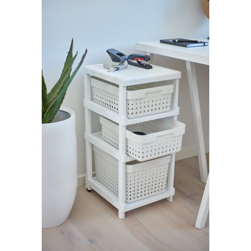 NHG rayonnage SEOUL, 3 plateaux PP, avec roulettes, blanc